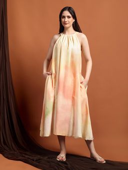 IKI CHIC - Women Orange Halter Neck Sleeveless Dress for Party Wear