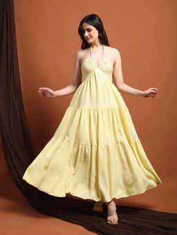 IKI CHIC - Women Yellow Tiered Halter Neck Dress With Tie-Up Back