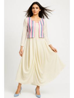 Diiwataa - Ivory Cowl Dress With Handloom Striped Sleeveless Jacket