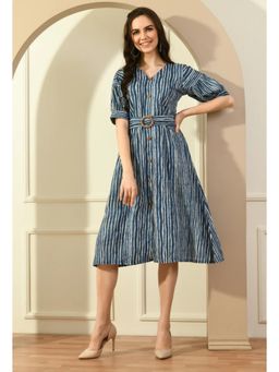 Diiwataa - Stripe Puff Sleeves Blue Dress with Belt