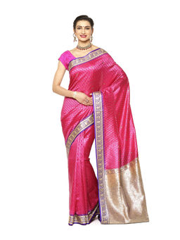 Banarasi Silk Works - Pink Tanchoi Stone Contrast Border Art Saree with Unstitched Blouse