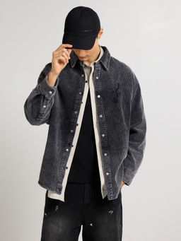 Weezy - Relaxed Fit Charcoal Embroidered Corduroy Shacket