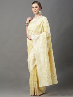 Akhilam - Womens Cotton Silk Yellow Woven Design Saree with Unstitched Blouse