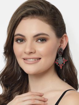 Moedbuille - Red Agate & Crystals Studded Oxidised Silver Plated Handcrafted Antique Earrings