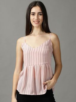 SHOWOFF - Womens Shoulder Straps Pink Striped Top