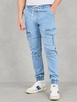 Styli - Light Blue Cotton Mid Rise Premium Stretch Cargo Cuffed Hem Stretchable Denim Jeans
