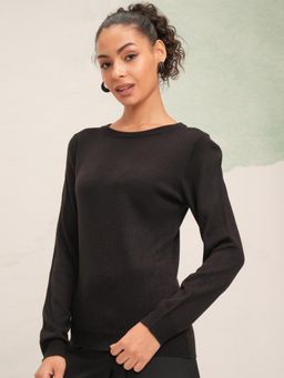 TOKYO TALKIES - Women Jet Black Knitted Relaxed Fit Sweater