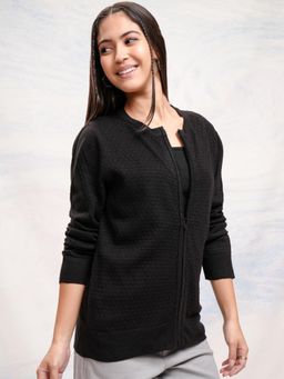 TOKYO TALKIES - Women Jet Black Textured Full Sleeve Cardigan