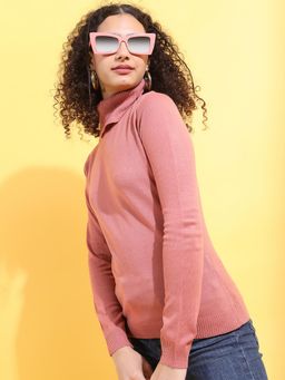 TOKYO TALKIES - Women Pink Turtle Neck Acrylic Pullover Sweater