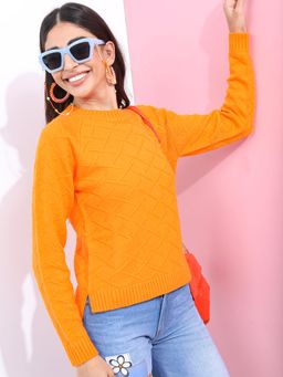 TOKYO TALKIES - Women Orange Acrylic Pullover Sweater