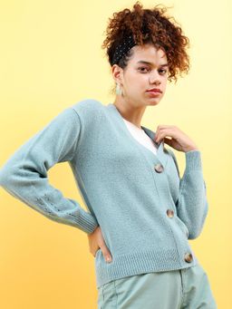 TOKYO TALKIES - Women Sea Green Solid Cardigan