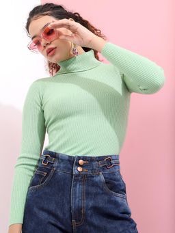 TOKYO TALKIES - Women Green Ribbed Pullover Sweater