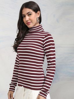 TOKYO TALKIES - Women Maroon Striped Pullover Sweater