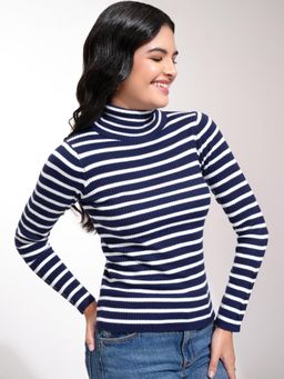 TOKYO TALKIES - Women Navy Blue Striped Pullover Sweater
