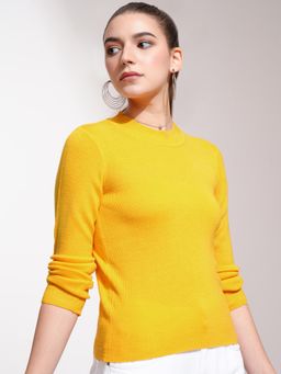 TOKYO TALKIES - Women Yellow Round Neck Acrylic Pullover Sweater