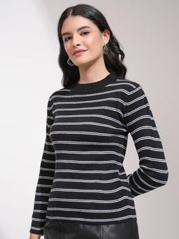 TOKYO TALKIES - Women Black Striped Acrylic Pullover Sweater