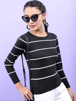 TOKYO TALKIES - Women Black Striped Acrylic Pullover Sweater