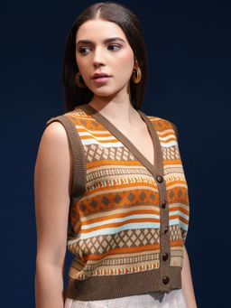 TOKYO TALKIES - Women Brown Self Design Sleeveless Cardigan