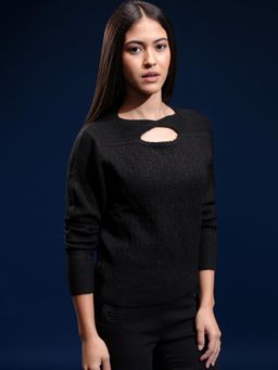 TOKYO TALKIES - Women Black Textured Boat Neck Sweater