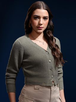 TOKYO TALKIES - Women Green Textured Cardigan