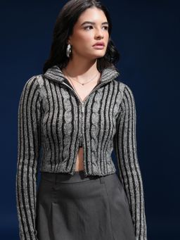 TOKYO TALKIES - Women Grey Self Design Cardigan