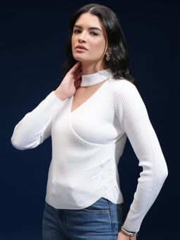 TOKYO TALKIES - Women White Textured Choker Neck Sweater
