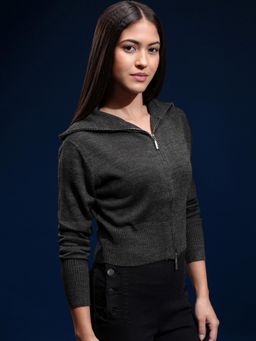 TOKYO TALKIES - Women Grey Solid Front Open Cardigan