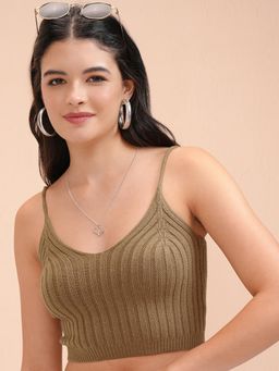 TOKYO TALKIES - Women Brown Ribbed Strap Tank Top Sweater