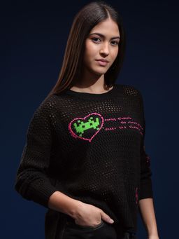 TOKYO TALKIES - Women Black Self Design Round Neck Sweater