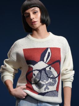 TOKYO TALKIES - Women White Round Neck Jacquard Printed Sweater