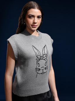 TOKYO TALKIES - Women Grey Embroidered Sweater