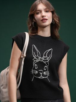 TOKYO TALKIES - Women Black Embroidered Sweater