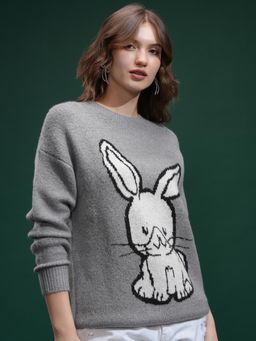 TOKYO TALKIES - Women Grey Crew Neck Printed Sweater