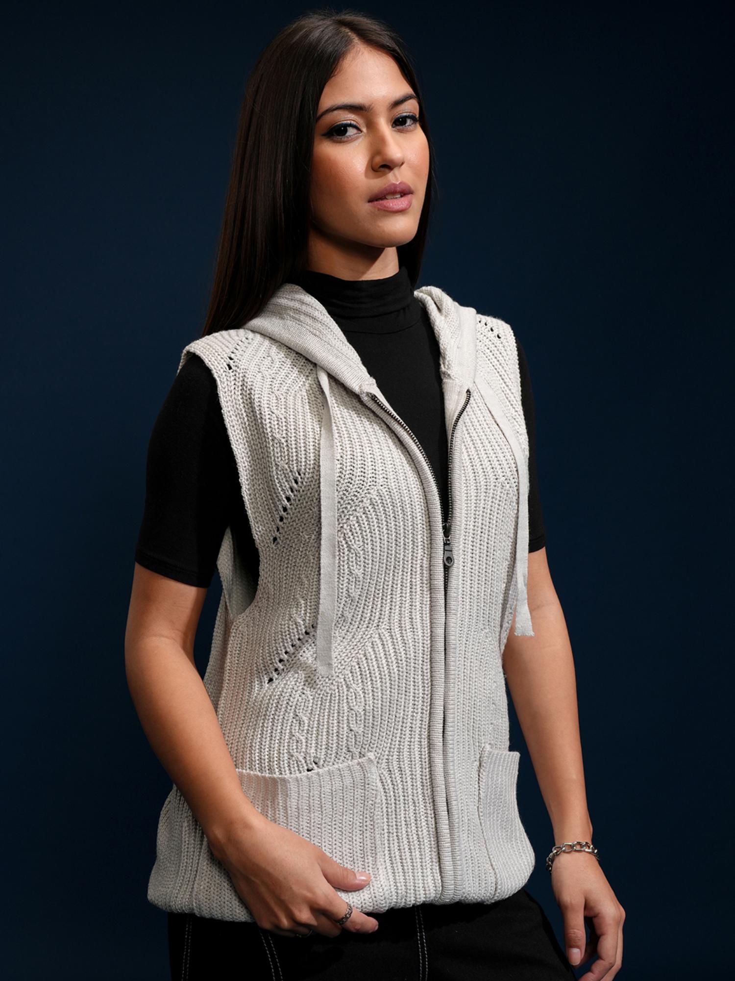 Women Grey Self Design Sleeveless Hooded Cardigan-image-4