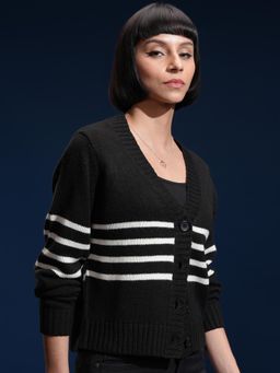 TOKYO TALKIES - Women Black Stripes Cardigan