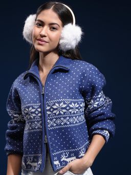 TOKYO TALKIES - Women Blue Woven High Neck Front Open Cardigan