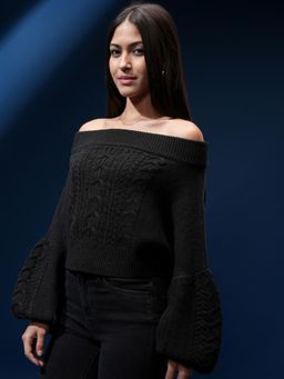 TOKYO TALKIES - Women Black Off Shoulder Cable Knit Sweater