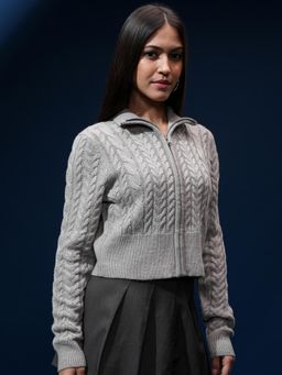 TOKYO TALKIES - Women Grey Front Open Cable Knit Cardigan