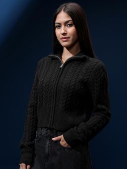 TOKYO TALKIES - Women Black Front Open Cable Knit Cardigan