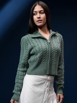TOKYO TALKIES - Women Green Front Open Cable Knit Cardigan