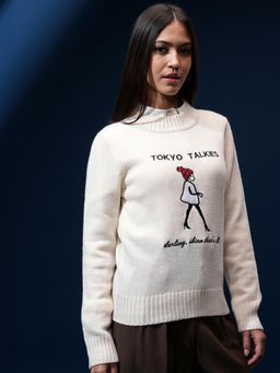 TOKYO TALKIES - Women Off White Typography Round Neck Sweater