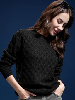 TOKYO TALKIES - Women Black Oversized Crew Neck Full Sleeve Sweater