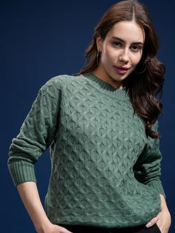 TOKYO TALKIES - Women Green Oversized Crew Neck Full Sleeve Sweater