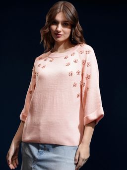 TOKYO TALKIES - Women Peach Embellished Detail Pullover Sweater