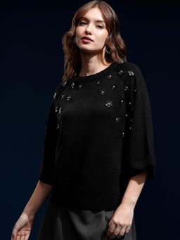 TOKYO TALKIES - Women Black Embellished Detail Pullover Sweater