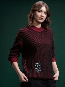 TOKYO TALKIES - Women Maroon Crew Neck Textured Sweater