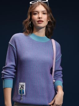 TOKYO TALKIES - Women Purple Crew Neck Textured Sweater