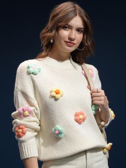 TOKYO TALKIES - Women Cream Embroidered Round Neck Sweater