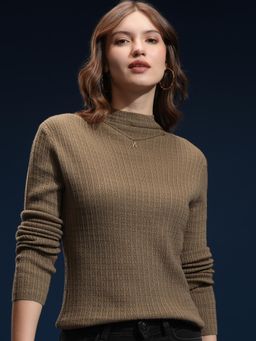 TOKYO TALKIES - Women Brown Self Design Turtle Neck Sweater