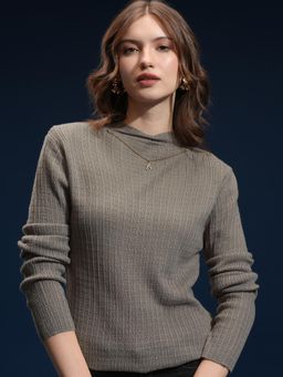 TOKYO TALKIES - Women Grey Self Design Mock Neck Sweater